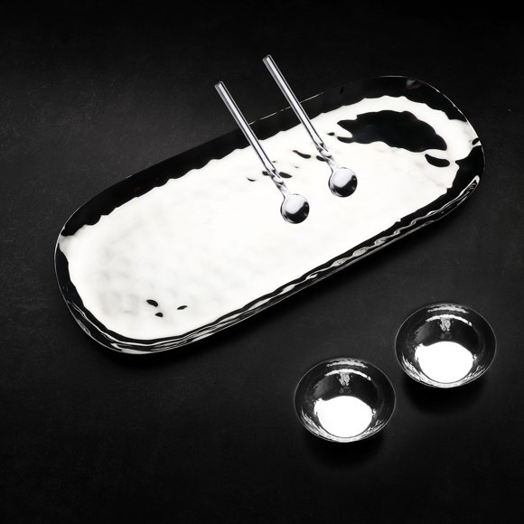 Ensemble de 4 Pcs en Acier Inoxydable Martelé Poli Crème & Sucre