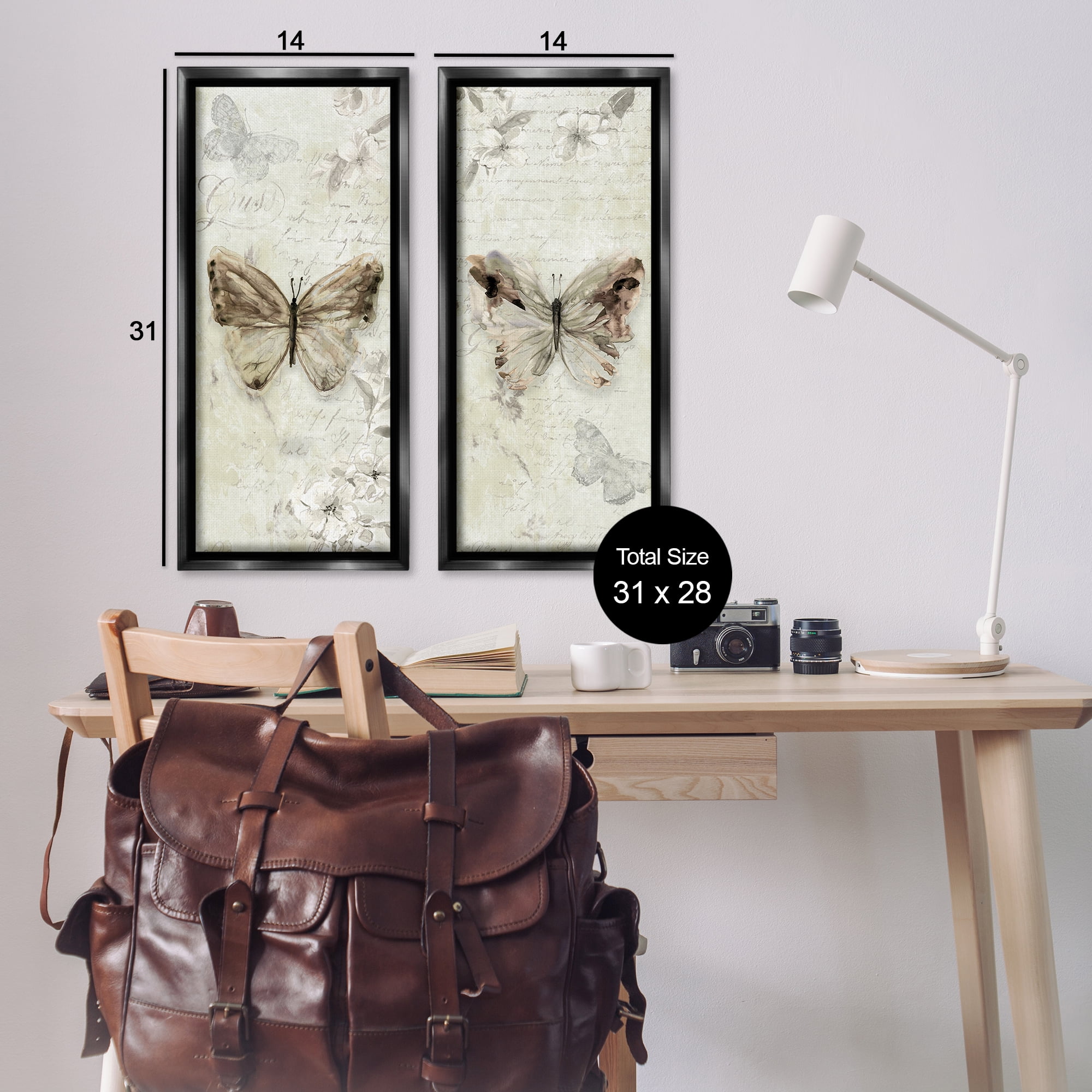 Stupell Industries Vintage Butterfly Scrapbook Page Animals Painting Black Floater Framed Canvas Art Print Wall Art, 14 x 31, Set of 2