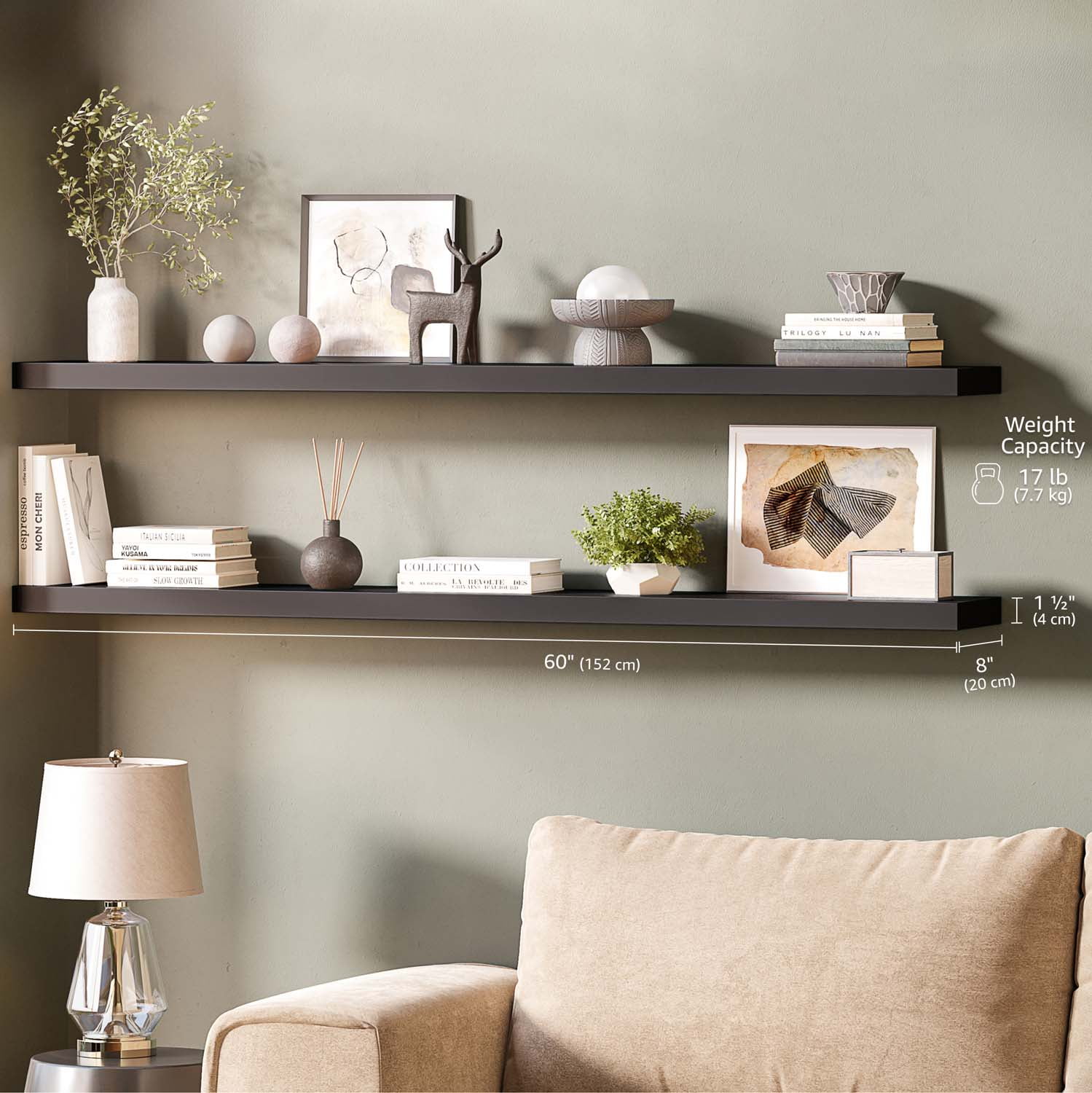 Ballucci 60" Floating Shelves, 2-Pack Wood Wall Shelf Set with Invisible Brackets, 8" Deep, Black