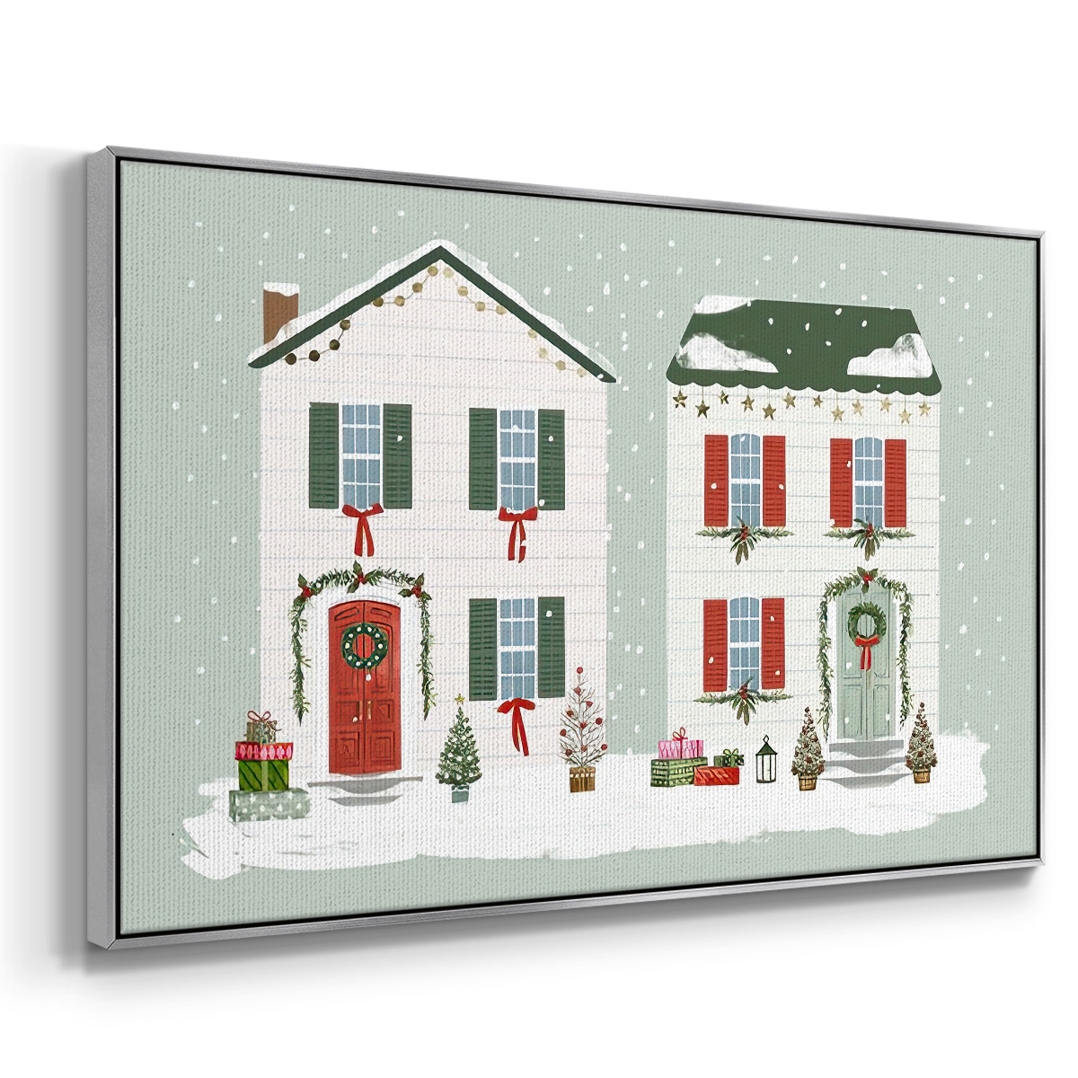 Festive Front Door Collection A - Framed Gallery Wrapped Holiday Canvas - 27 x 41 - Silver Frame