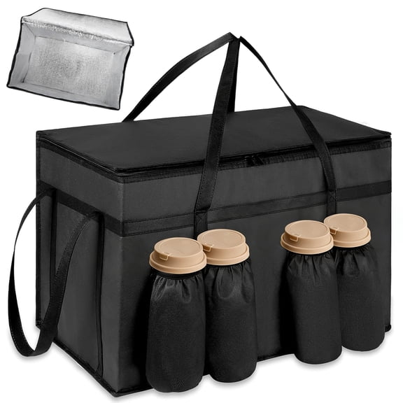 Topsome Insulated Food Delivery Bag with 4 Cup Holder, XXXL Insulated Grocery Bags with Zippered Top, Catering Cooler Bag with Drink Carrier for Shopping Travel Catering (Black)