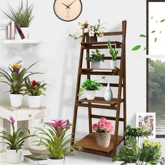 RIDWIND 4-Tier Folding Ladder Plant Stand Flower Pot Rack Wooden Shelf Display Holder Brown