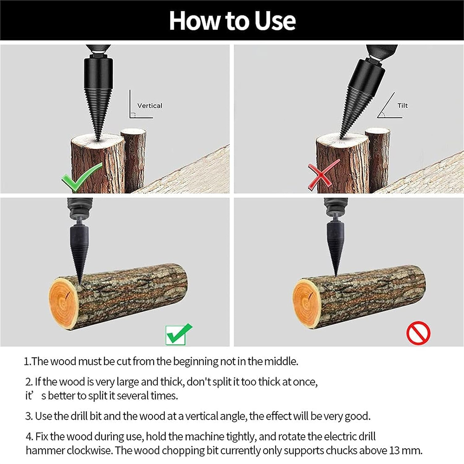 Firewood Drill Bit Wood Splitter Drill Bit with Detachable Design, Premium Firewood Log Splitter Drill Bit Set with 50mm Screw Cone and 2 Replaceable Drill Bits for Electric Drills