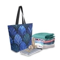 thumbnail image 2 of Open Top Canvas Tote Bag with Zipper Reusable Shopping Bag 13.5x15" Roomy Carryall Blue Batik Leaves Pattern, 2 of 9