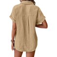 thumbnail image 5 of Pxiakgy Women Linen Button Down Shirt Rolled Cuffed Short Sleeve Blouse Ladies Summer Casual V Neck Beach Double Layer Wrinkled Fabric Tops Batwing Sleeve Pocket Patched Shirt Khaki M, 5 of 7