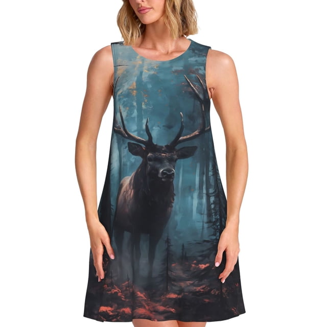 Vsdgher Robe d'Été Imprimée Forêt Mystique Élan pour Femmes Robe de Plage Décontractée Col en U Sans Manches Robe Débardeur Ample avec Poche