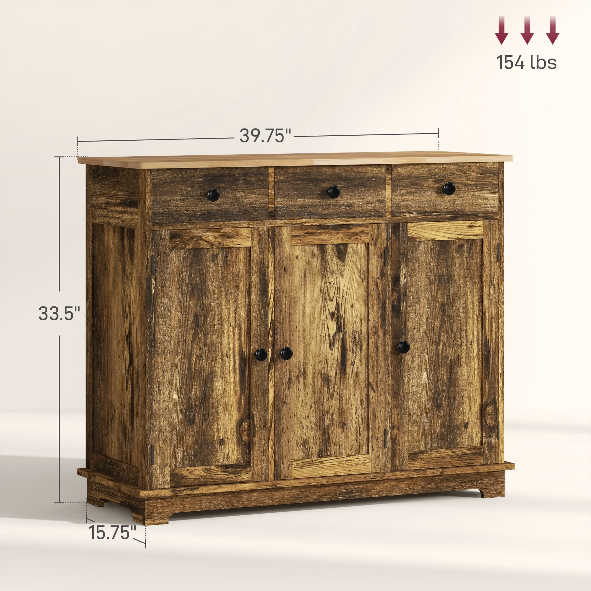 HOQBN Sideboard Buffet Cabinet, Storage Cabinet with Rubberwood Top and Adjustable Shelves, Multipurpose Storage Furniture for Dining Room and Kitchen Rustic Brown