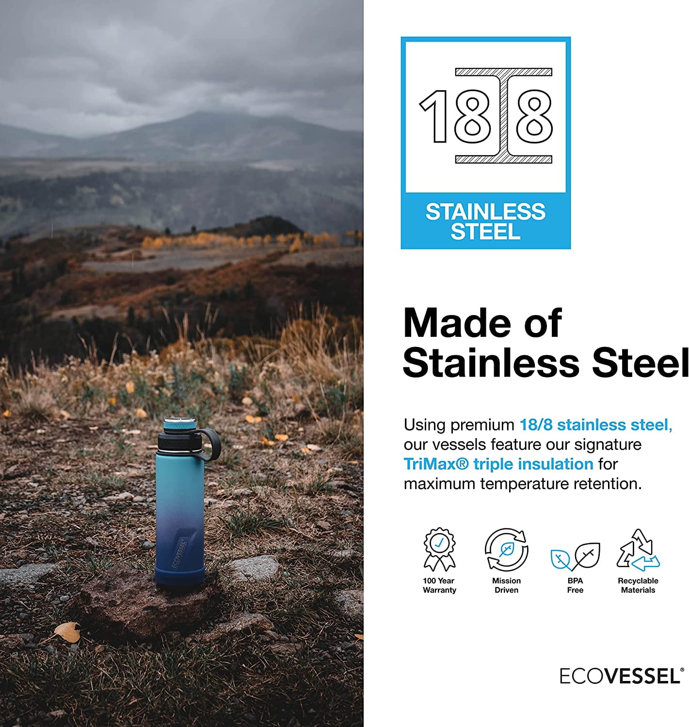 EcoVessel Aspen Stainless Steel Insulated Water Bottle with Reflecta Insulated Lid with Hidden Handle and Rubber Base - 25oz (Aqua Jade)