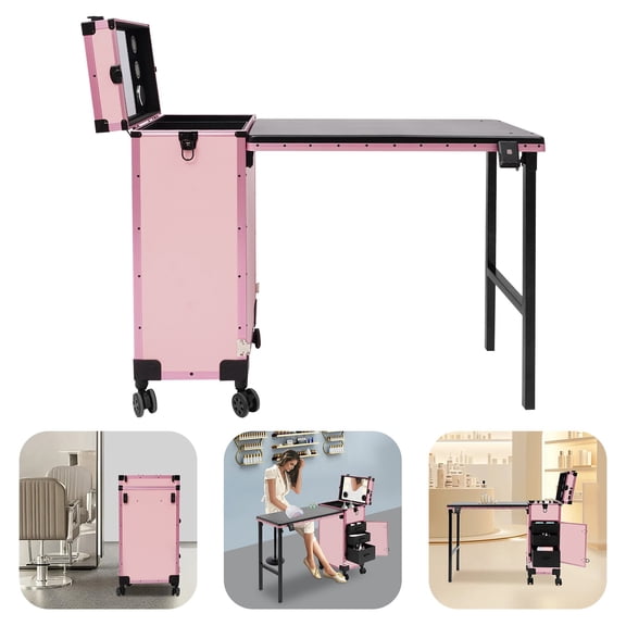 ToppiJoy Portable Professional Makeup Case with Foldable Table LED Mirror, Rolling Cosmetic Organizer for Makeup Artists