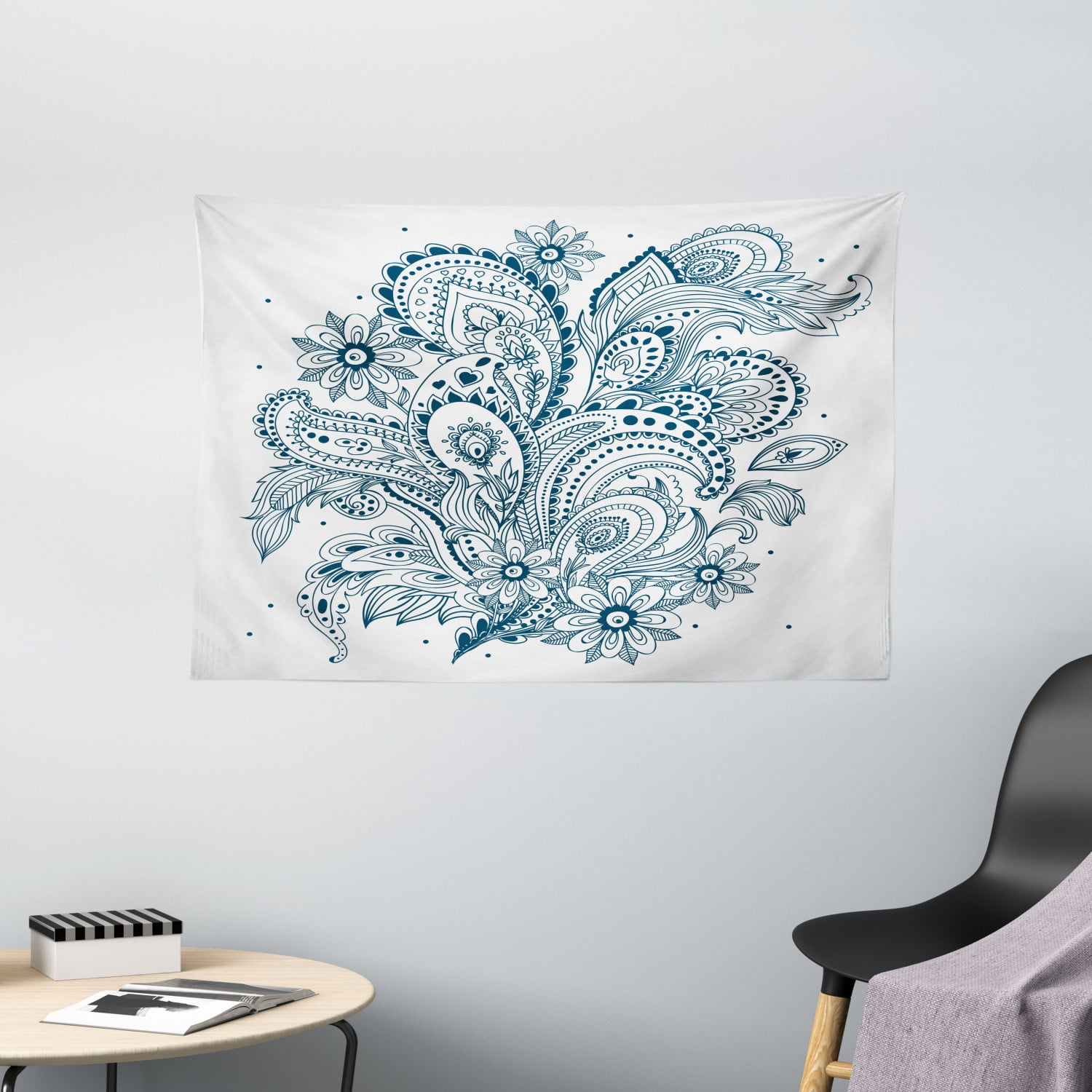 Henna Tapestry, Doodle Style Floral Arrangement with Ornament Design