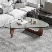 Raffle Pinker Triangle Glass Coffee Table 0.8 Thick Tempered Glass Coffee Table with Solid Dark Walnut Base for Living Room
