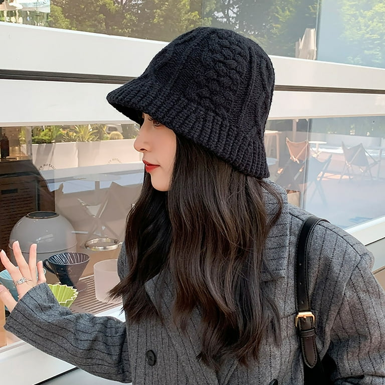 rygai Women Knitted Bucket Hat Twist Pattern Solid Color Short
