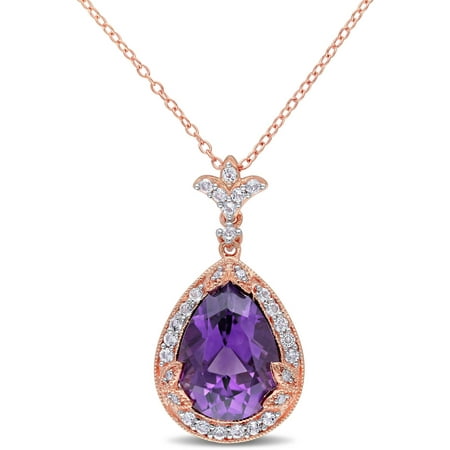 Tangelo 5-1/4 Carat T.G.W. Amethyst, White Topaz and Diamond-Accent Pink Rhodium-Plated Sterling Silver Vintage Teardrop Pendant, 18