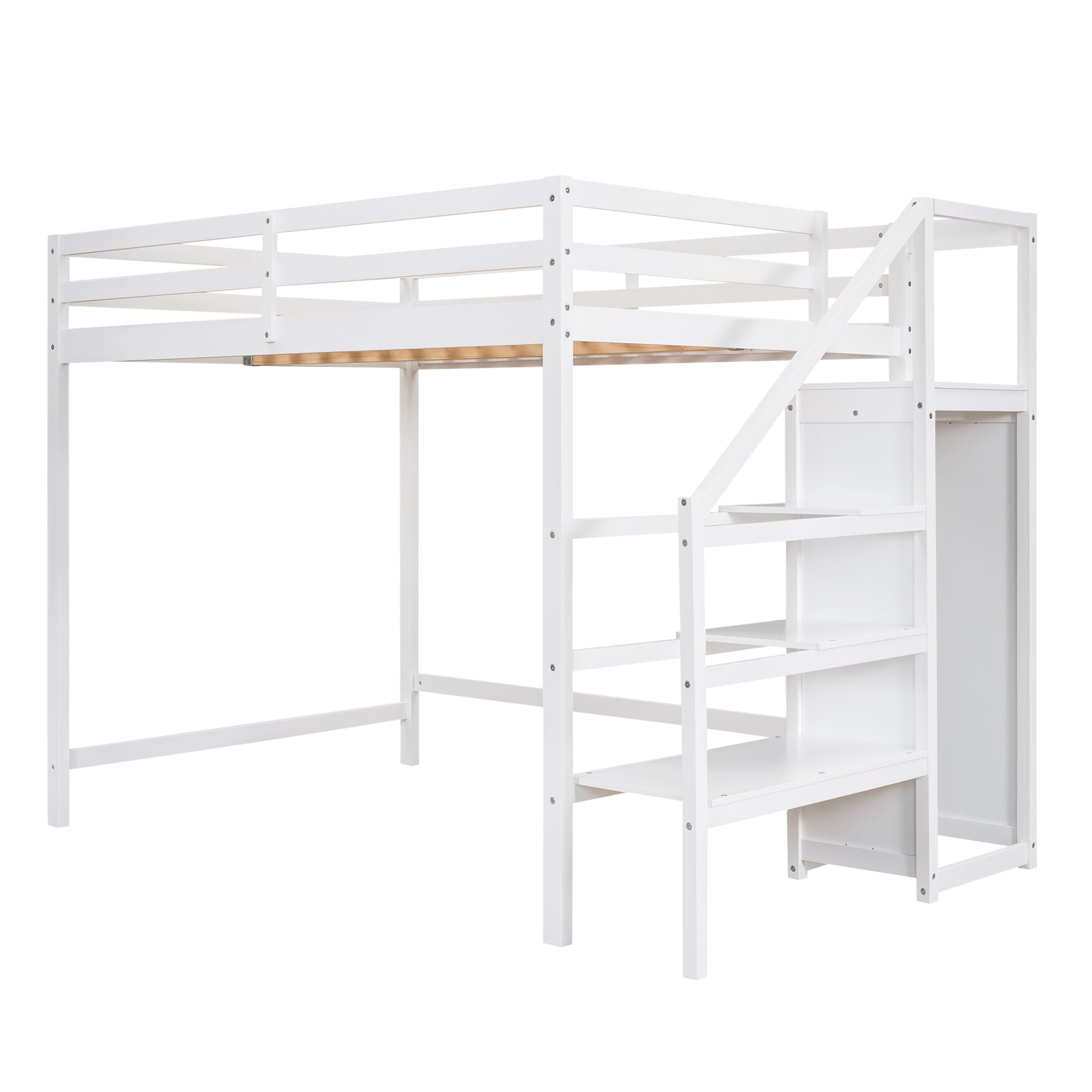 Aukfa Full Loft Bed with Built-in Storage Wardrobe, Solid Wood Bed Frame with Staircase for Kids Adults - White