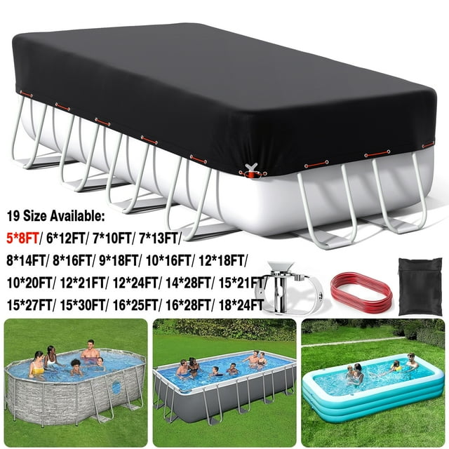SHELTUSE 5x8FT Rectangular Pool Cover for Above Ground Pool, Solar Oval Pool Cover Protection with Steel Rope, Ideal for Rectangular/Oval Frame Pool Waterproof & UV-Resistant, Black