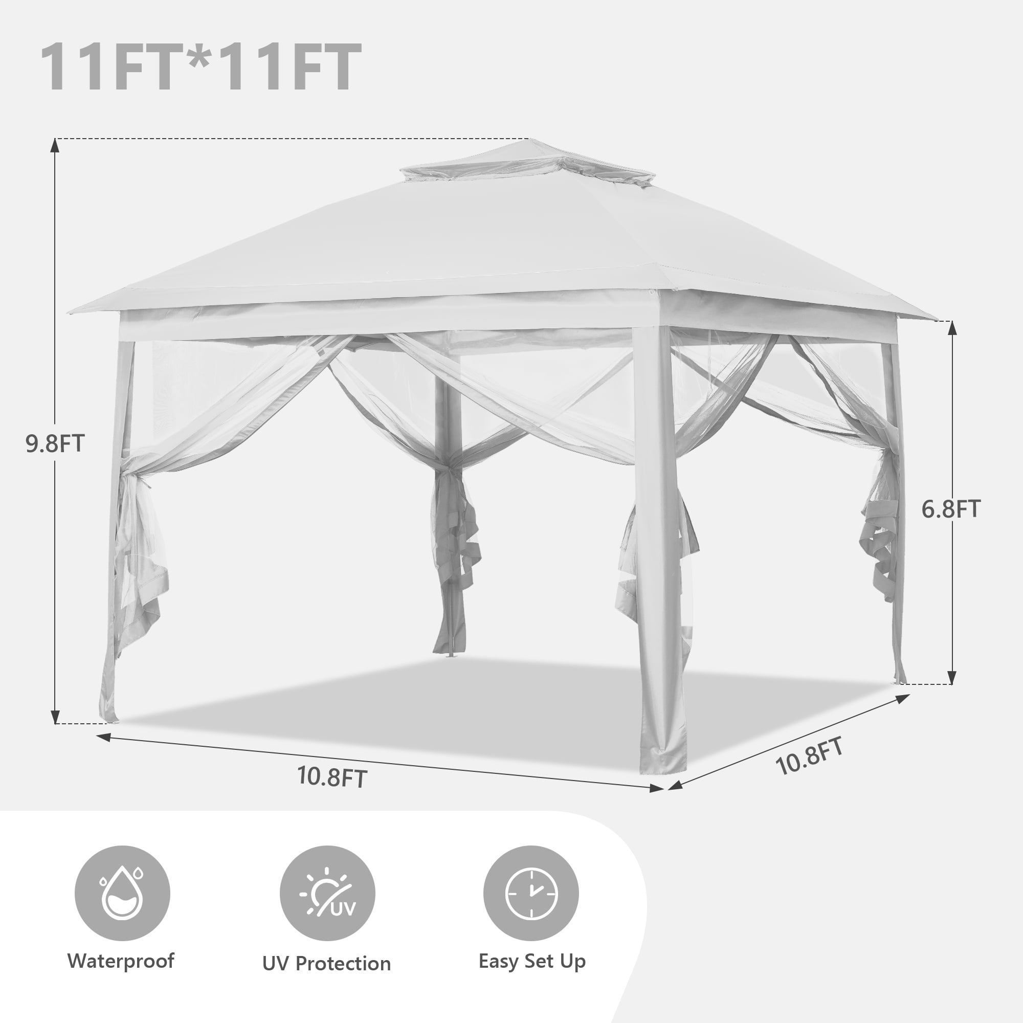 Ainfox 11x11 ft Outdoor Patio Pop Up Canopy Gazebo with Heavy Duty Frame, Mosquito Netting & UV Protection,White