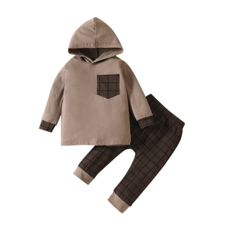 

Peyakidsaa Toddler Baby Boys Long Sleeve Hoodie Sweatshirt Outfit Plaid Pant Set