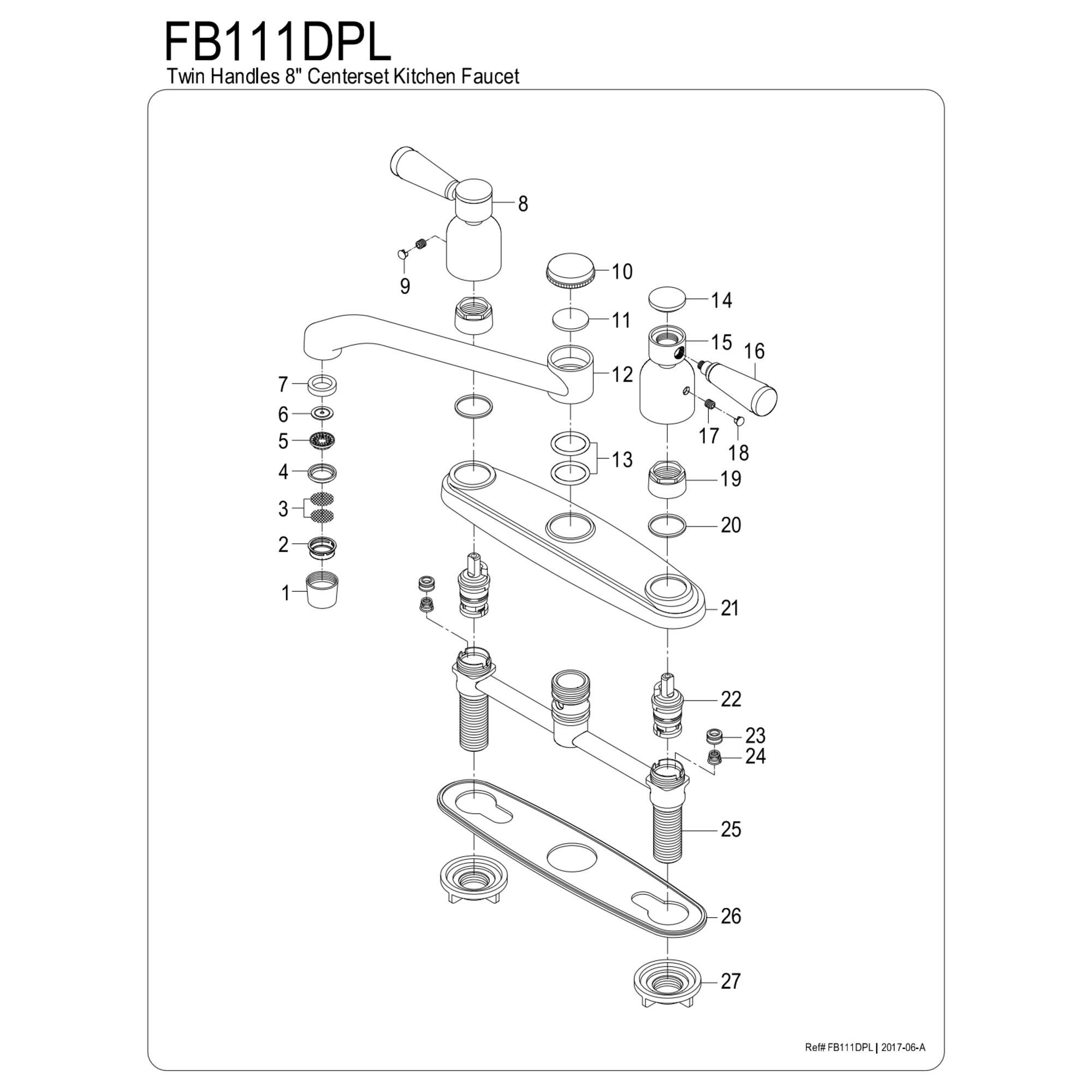 Kingston FB111DPL Paris Two-Handle 2-Hole 8" Centerset Kitchen Faucet in Polished Chrome