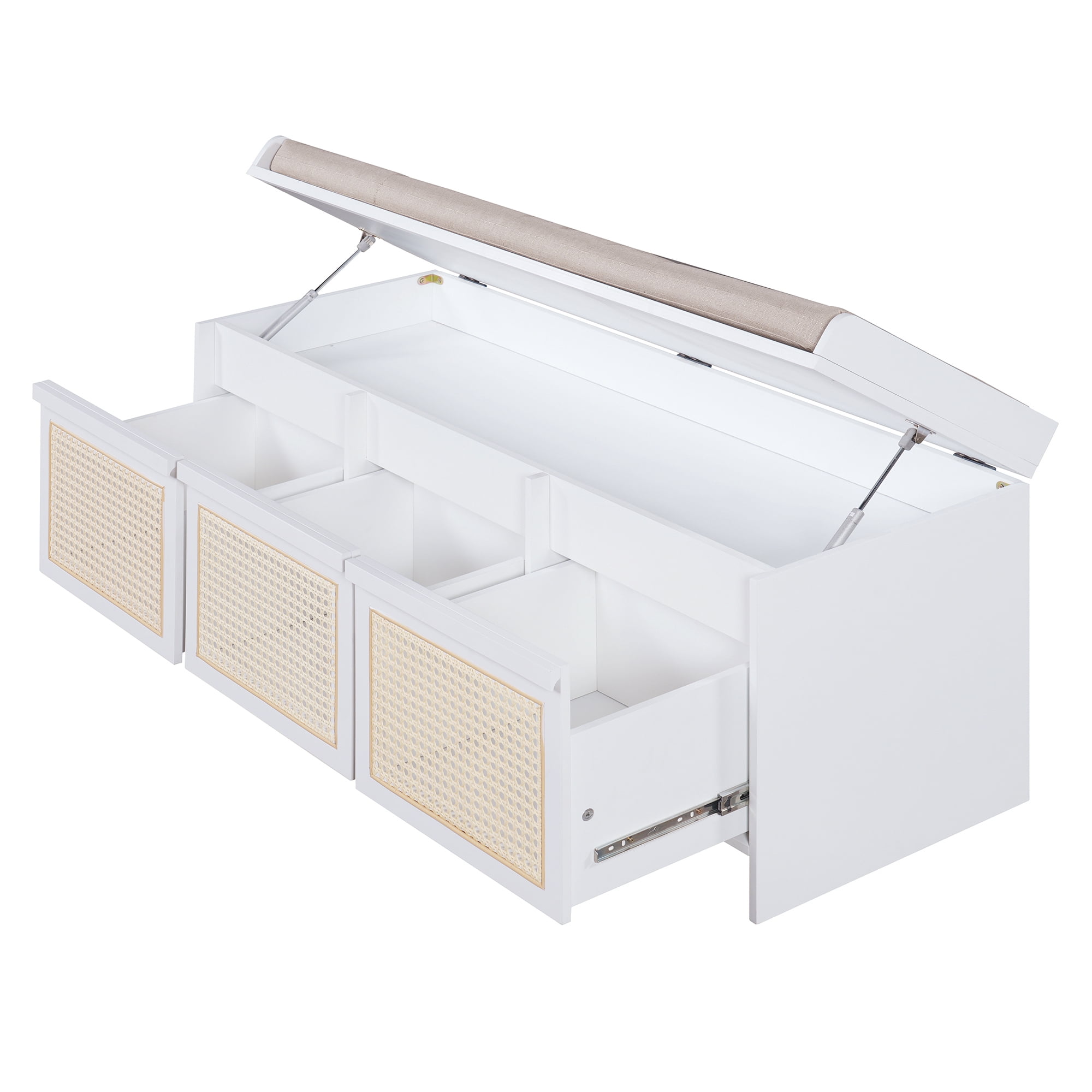 Shoe Bench 48 Inch Entryway Storage Bench with Rattan Drawers and Tufted Cushion, Hallway Seating and Shoe Rack Organizer for Living Room Foyer, White