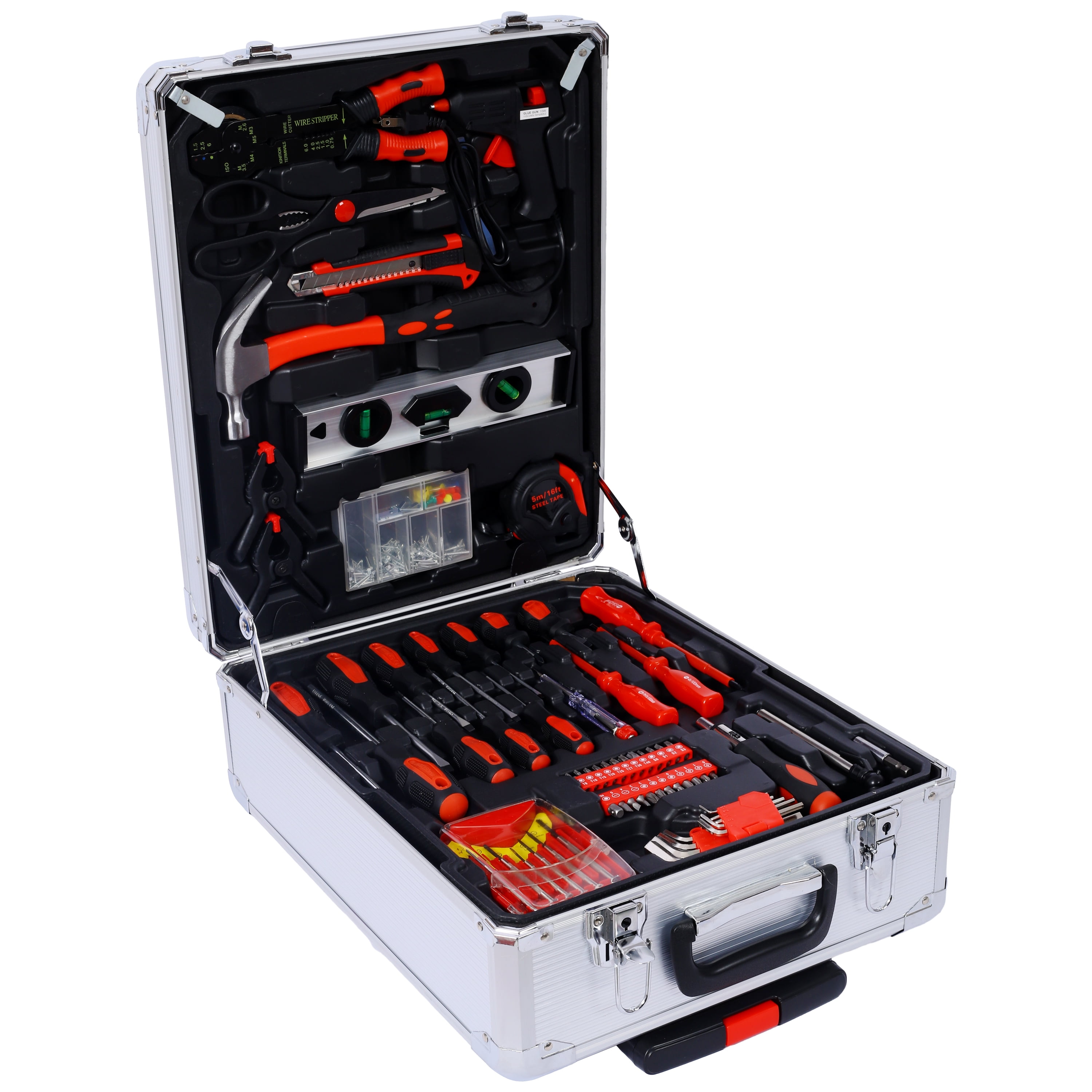 899pc Home Repair Tool Set with Rolling Toolbox - Silver Aluminum Case for Home & DIY. Complete Kit w/ Wrenches, Pliers, Screwdrivers, Sockets. Ideal Gift.