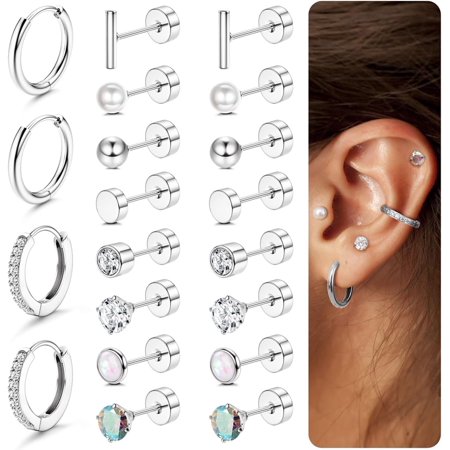 Bavsenic Hypoallergenic Earrings for Sensitive Ears-20G Flat Back Earrings for Women Men-Small Surgical Steel Stud Earrings Huggie Hoop Cartilage Nap Earring Sets