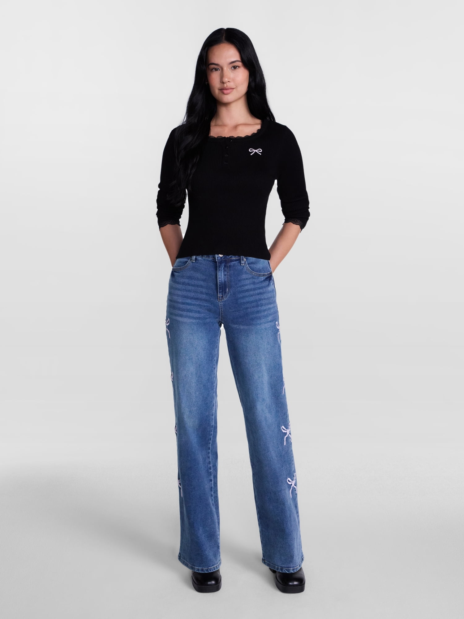 Madden NYC Women’s Ultra 90's Jeans with Bow Embroidery, 32'' Inseam, Sizes 00-18