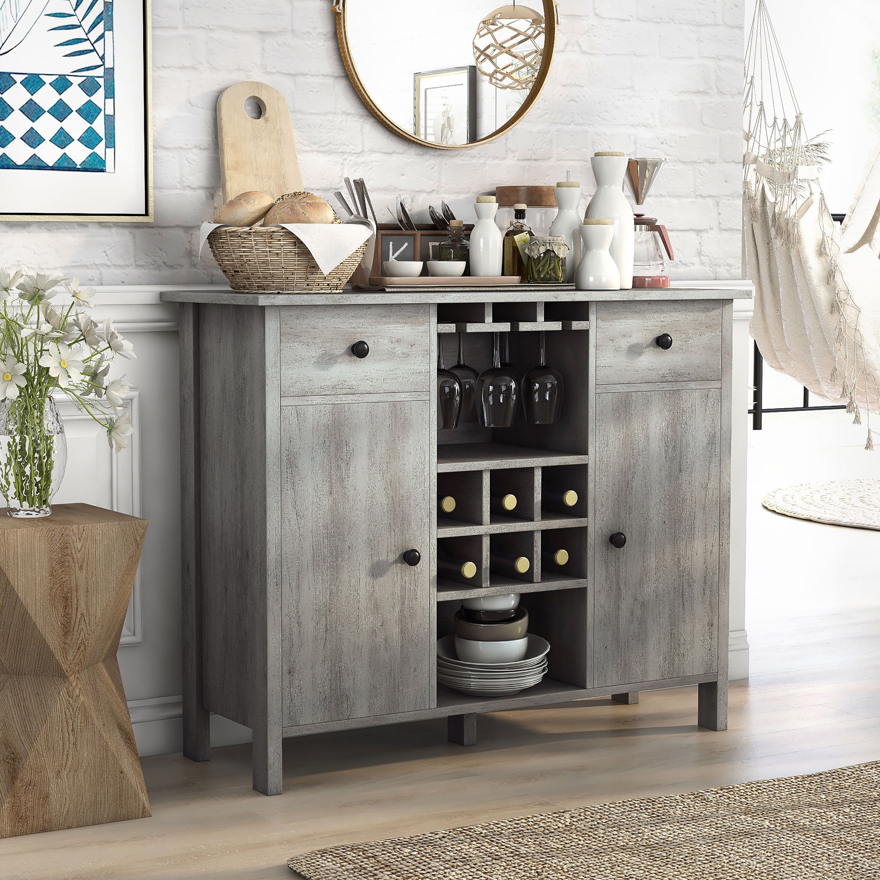 Furniture of America Levy Wood Wine Storage Buffet Table, Vintage Gray Oak