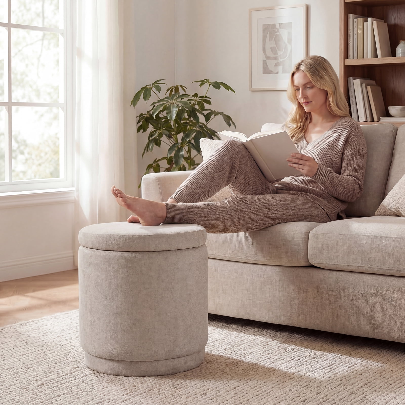Costway Round Storage Ottoman Foot Rest with Removable Lid 400 LBS Weight Capacity for Home Beige