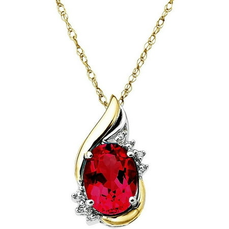 - Sterling Silver with 10kt Yellow Gold Oval Created Ruby and Diamond Accent Pendant Necklace