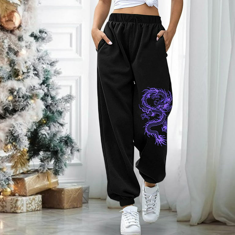 Winter Savings! RQYYD Women's Sweatpants with Pocket, Women Active Baggy  Sweatpants Workout Loose Fit Joggers Dragon Skeleton Elk Print Comfy  Running Pants (Purple,XL) 