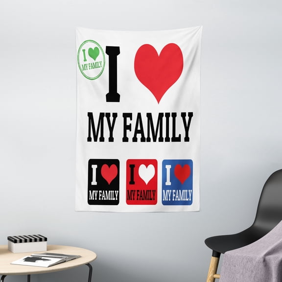 Family Tapestry, Signs and Labels I Love My Family Emblems Stamp Colorful Retro Classic Composition, Wall Hanging for Bedroom Living Room Dorm Decor, 40W X 60L Inches, Multicolor, by Ambesonne