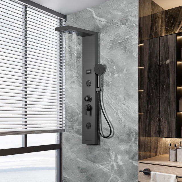 Kojooin Shower Panel Tower, Matte Black Bathroom Shower System with LED Temperature Display, Massage Jets and Handheld Shower