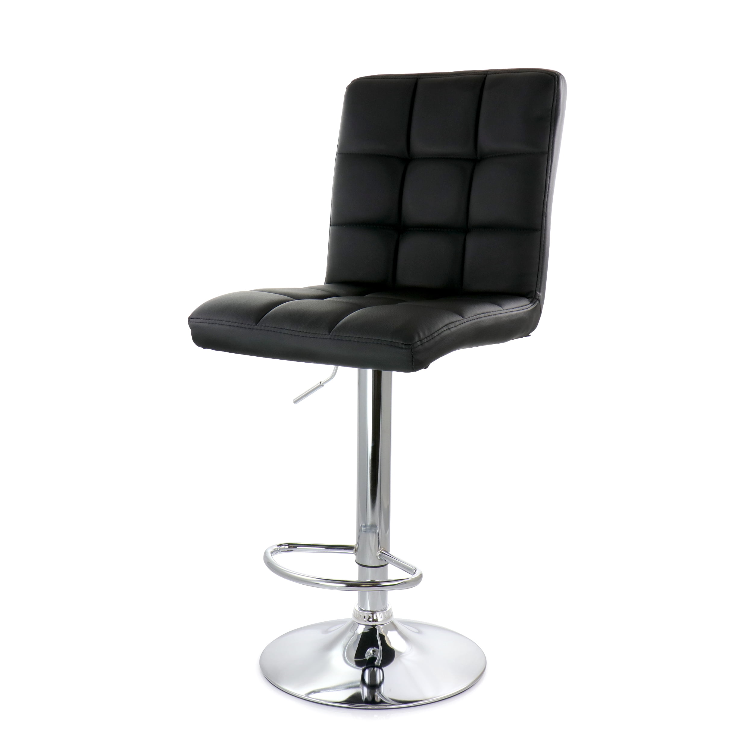 Elama 2 Piece Square Tufted Faux Leather Adjustable Bar Stool in Black with Chrome Base