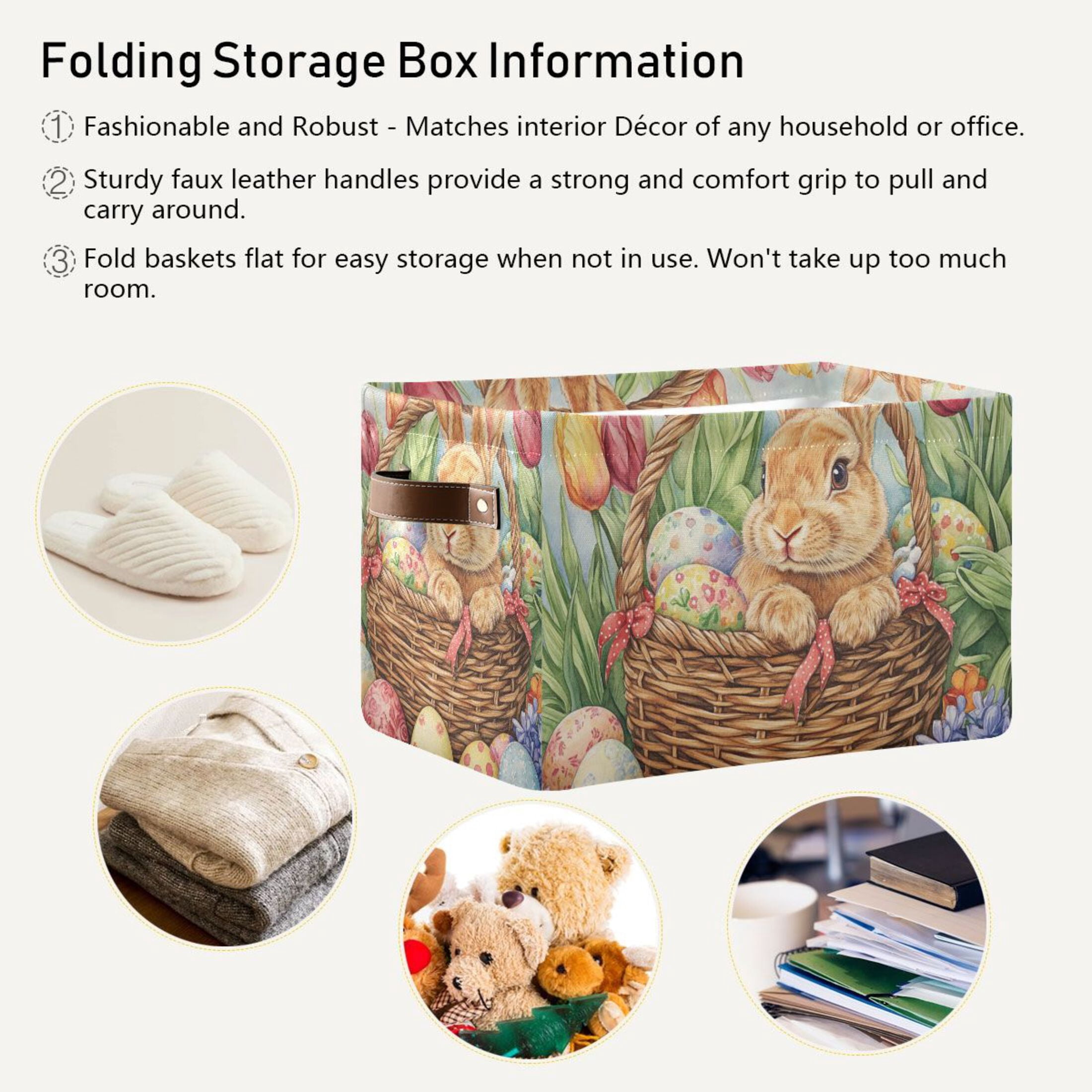 WOBOGO Easter Rabbit Square Storage Basket with Waterproof Canvas and PE Lining Durable PU Leather Handles 14.2×10.2×8.3in