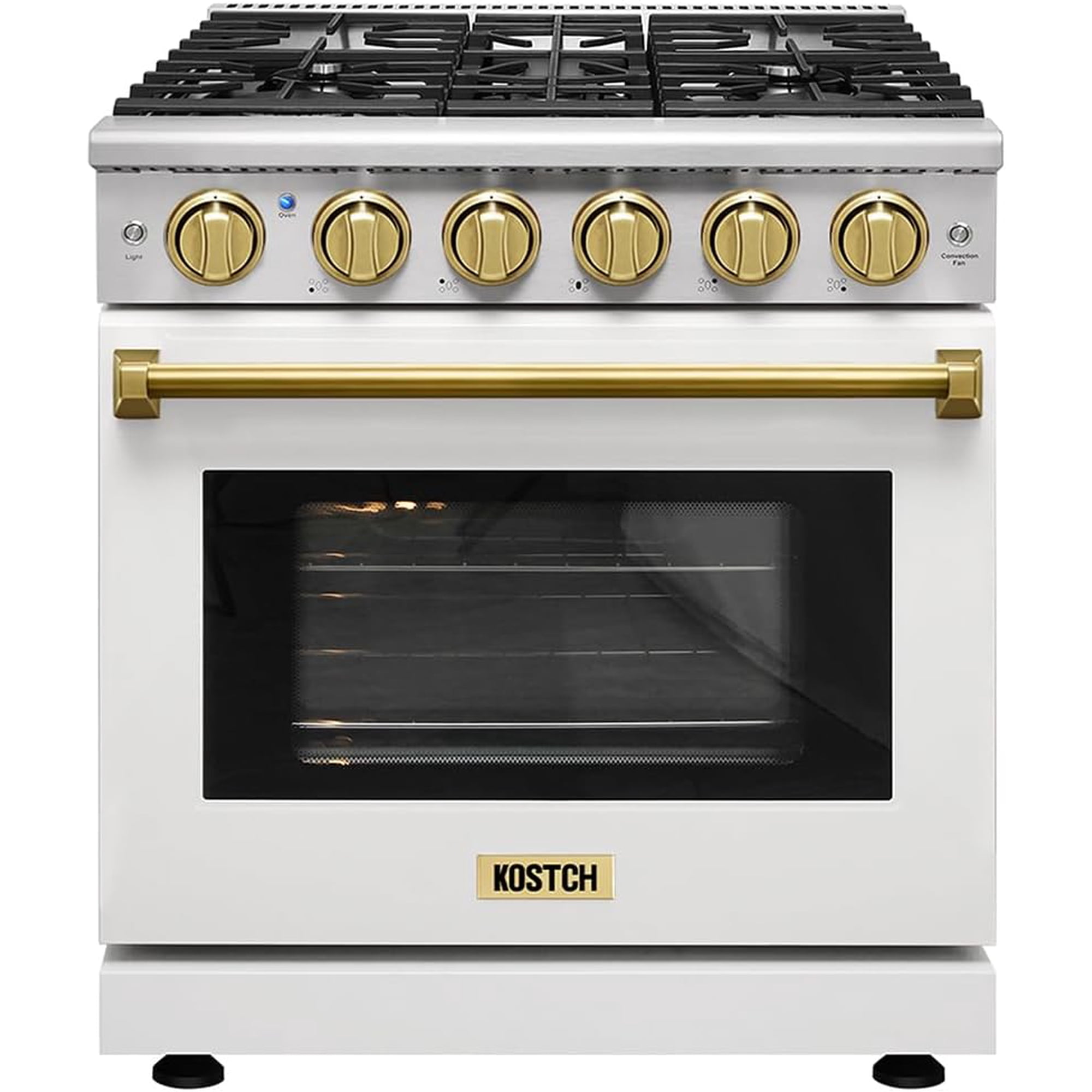 KOSTCH 30 inch Professional Freestanding Pro-Style Liquid Propane Gas Range with 5 Burners, 4.55 cu.ft. Oven Capacity, in Stainless Steel - KOS-30RG03MLP (White/Bronze)