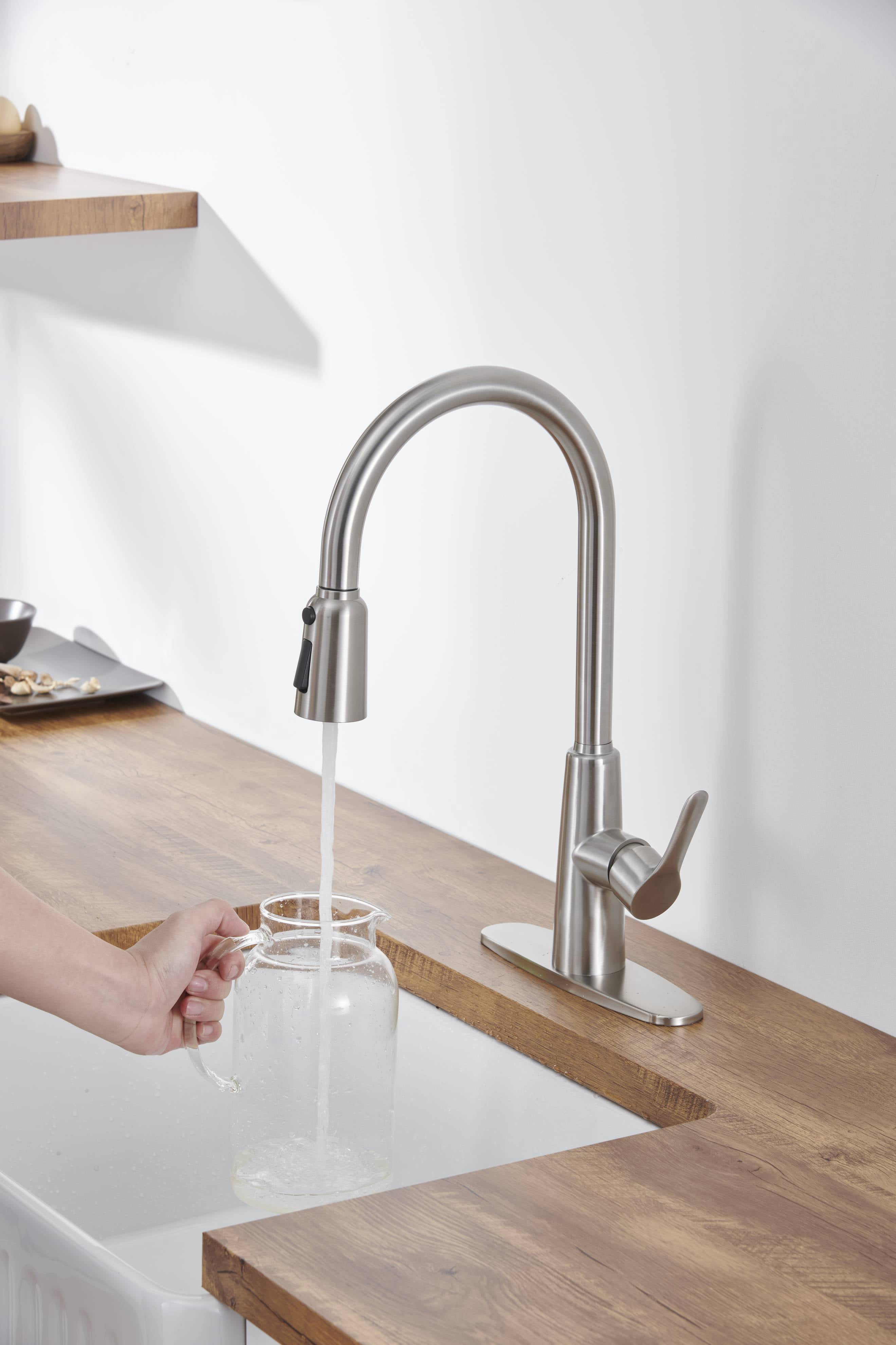 Izzovium Stainless Steel High Arc Kitchen Sink Faucet with Pull Out Sprayer, Brushed Nickel Finish, 3-Way Setting Single Handle, Deck Plate Included, Modern Design