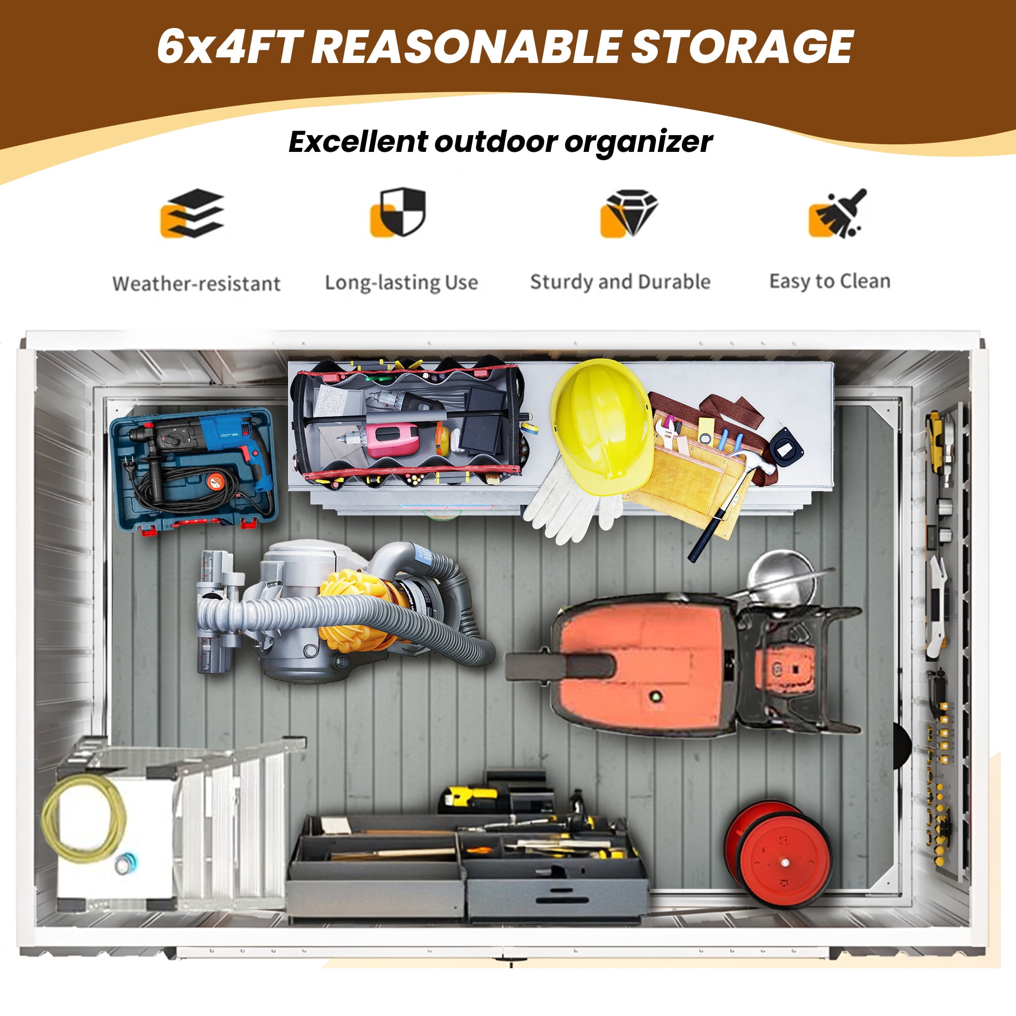 Metal Sheds and Outdoor Storage, All-Weather Garden Tool Shed with Floor Frame & Lockable Door, 6 x 4FT Outdoor Storage for Backyard Garden Patio, Coffee