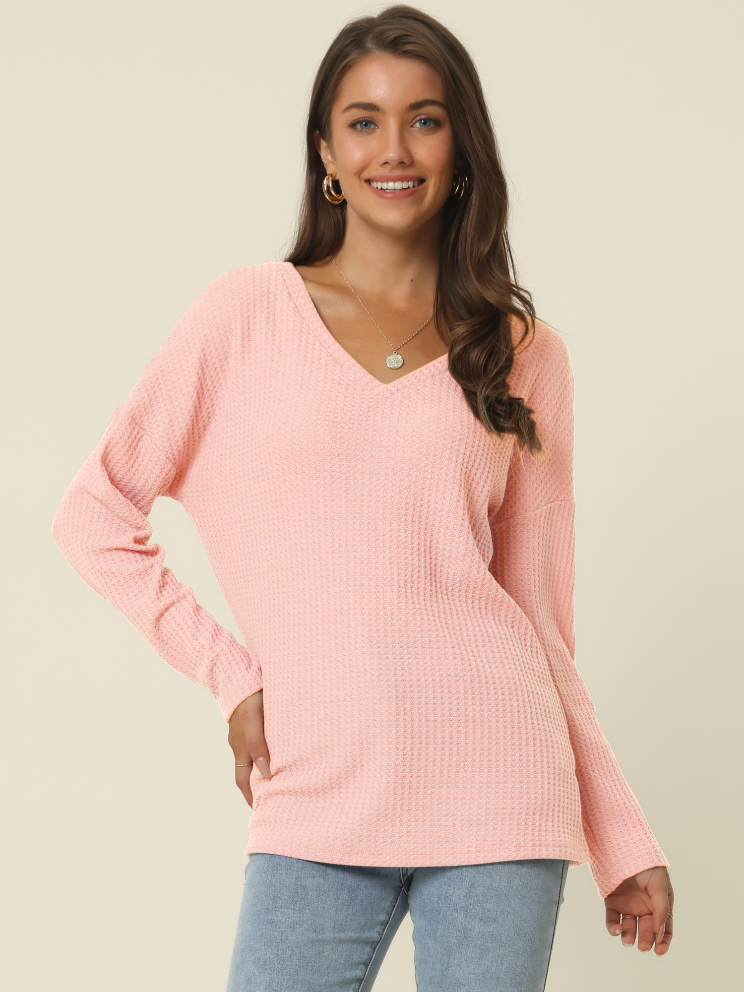 Women's Waffle Knit V Neck Long Sleeve Casual Blouse Lightweight Top XL Pink