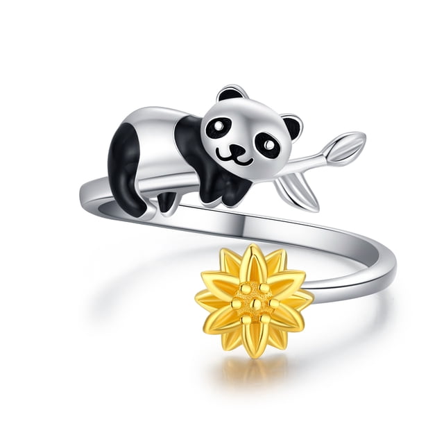 Coachuhhar Panda Rings Sterling Silver Sunflower Rings Animal Adjustable Rings Panda Jewelry Gift for Girls Women