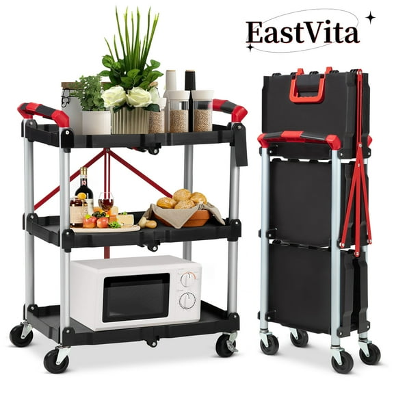 EastVita Portable Folding Service Cart Fold up Rolling Cart 3 Tier Collapsible Push Cart Foldable Utility Carts for Office, Warehouse, and Home, 56 Lbs Load Capacity Per Shelf