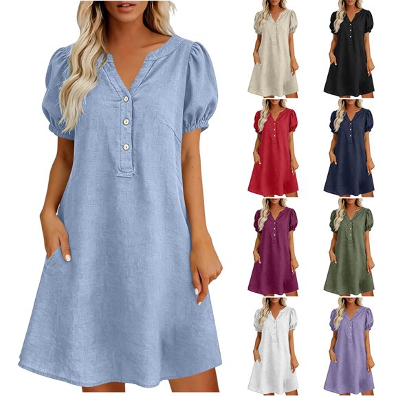 Summer Dress for Women Plus Size Cotton Linen V-Neck Pockets Solid Puff Sleeve Knee-Length Dress