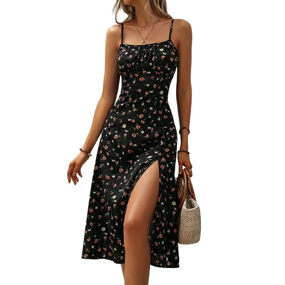 Women'S Floral Summer Dress Spaghetti Strap Midi Dress Backless Split Dress Vacation Beach Boho Dress Black XXL