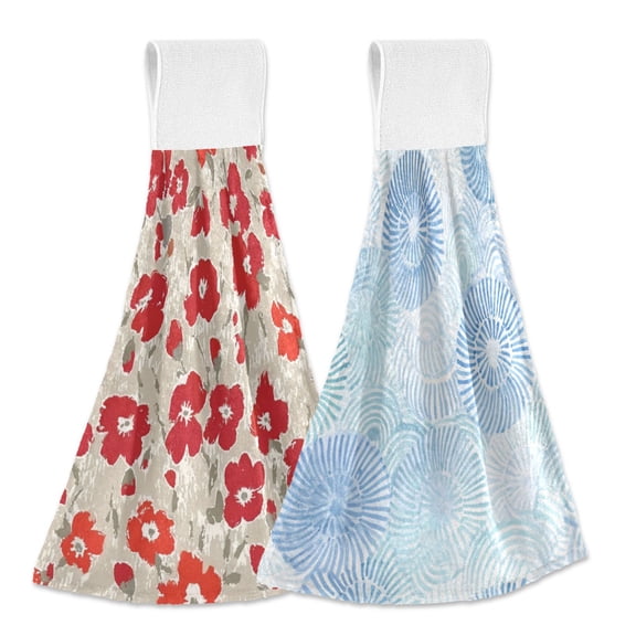 IAUYY Kitchen Hanging Towels Set of 2 100% Polyester Absorbent, Super Soft Hand Towels with Hanging Loops for Bathroom Kitchen Large-scale Red Floral Design Japanese-style Watercolor Circle