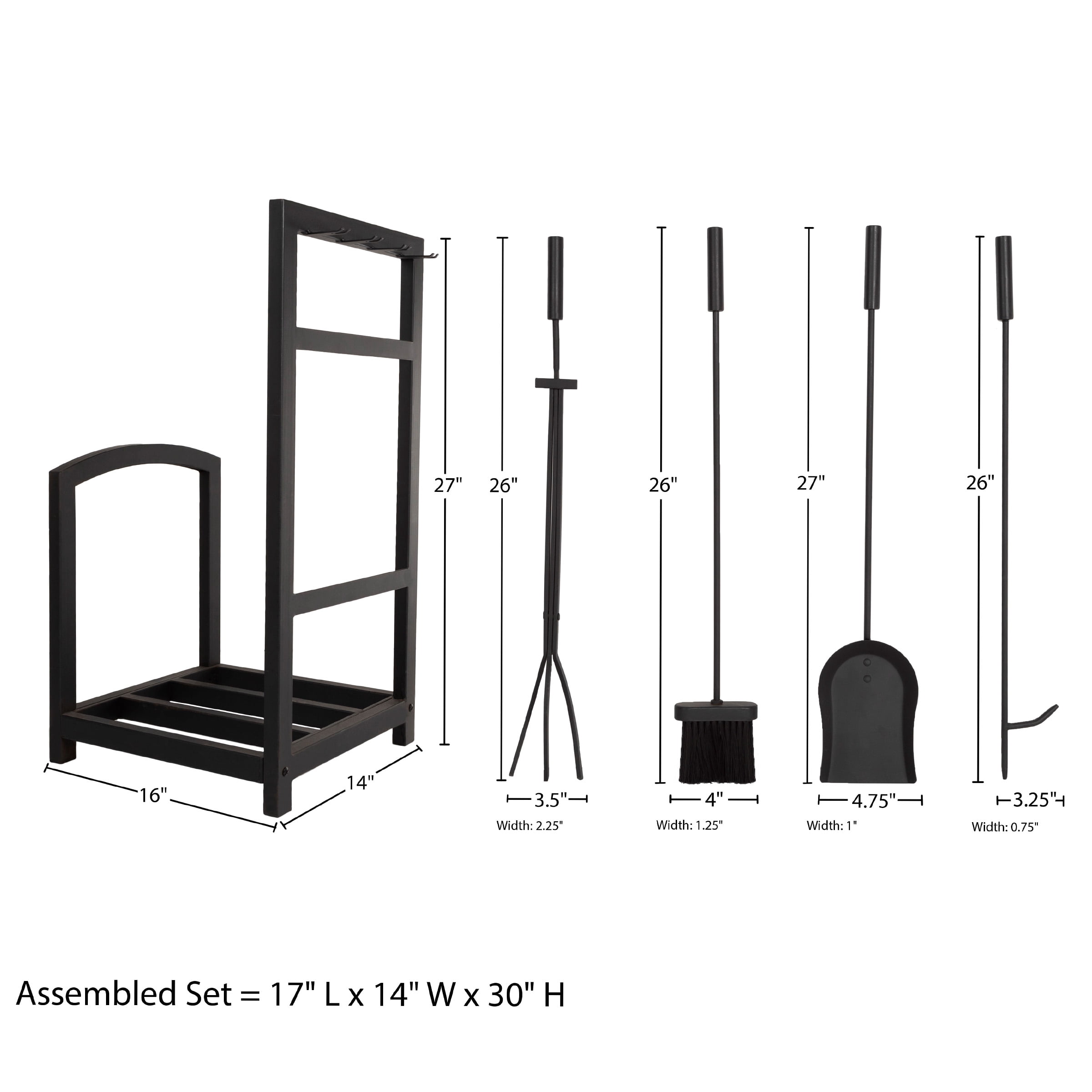 Somerset Home 5-Piece Modern Fireplace Tool Set and Log Rack (Matte Black)