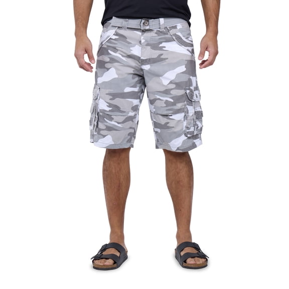 X RAY JEANS Men's Belted 12.5" Inseam Knee Length Cargo Shorts, White Camo, 36