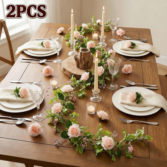 2Pcs Pink Flower Garland Fake Rose Vines for Tea Party Mother's Day Decorations Faux Artificial Floral Garland Hanging Rose Ivy for Baby Shower Wedding Arch Ceremony Outdoor Wall Decor