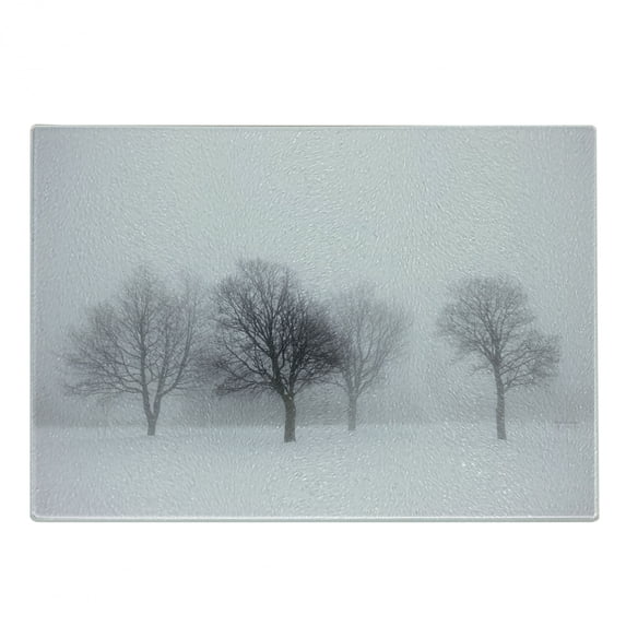 Winter Cutting Board, Foggy Misty Cold Scenery Leafless Tree Branch in Weather Print, Decorative Tempered Glass Cutting and Serving Board, Small Size, Grey White, by Ambesonne