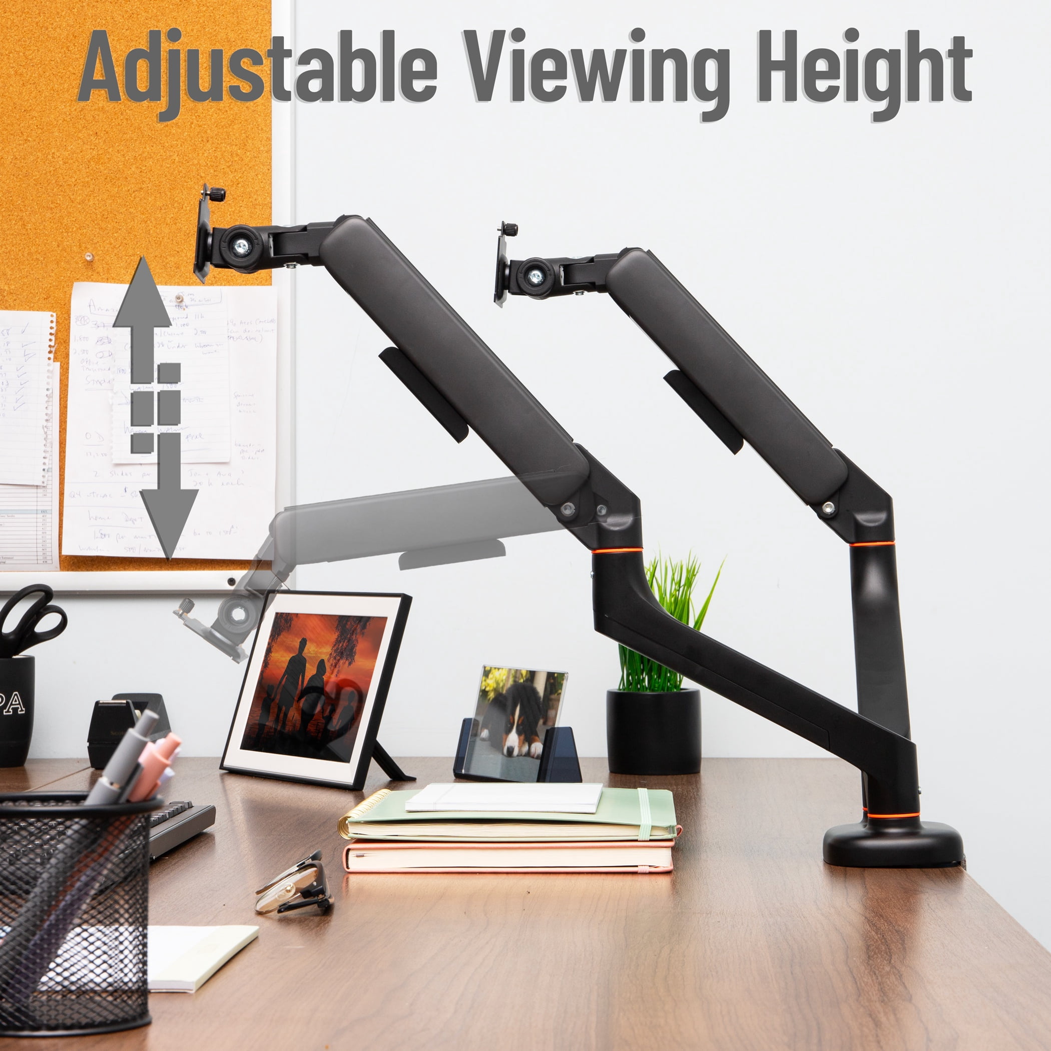 Mind Reader Dual Monitor Gas Spring Desk Mount, Counter-Balance Arm for 13"–32" Monitors, VESA 75x75 / 100x100, ±180° Rotation, ±65° Tilt, ±180° Swivel, 19.8 lb Capacity Each, Black