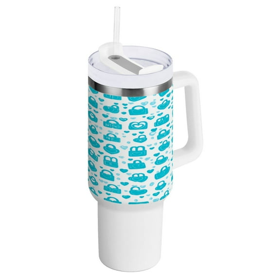 Blue Lock and Heart Pattern Insulated Tumblers 40oz Double-Walled Stainless Steel Water Bottles Car Handle