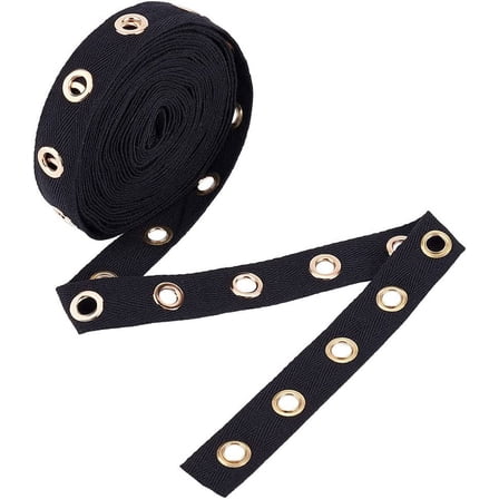 6 Yards 1" Wide Black Cotton Grommet Eyelet Twill Tape Trim 8mm Gold Metal Eyelet Ring Ribbon Strip